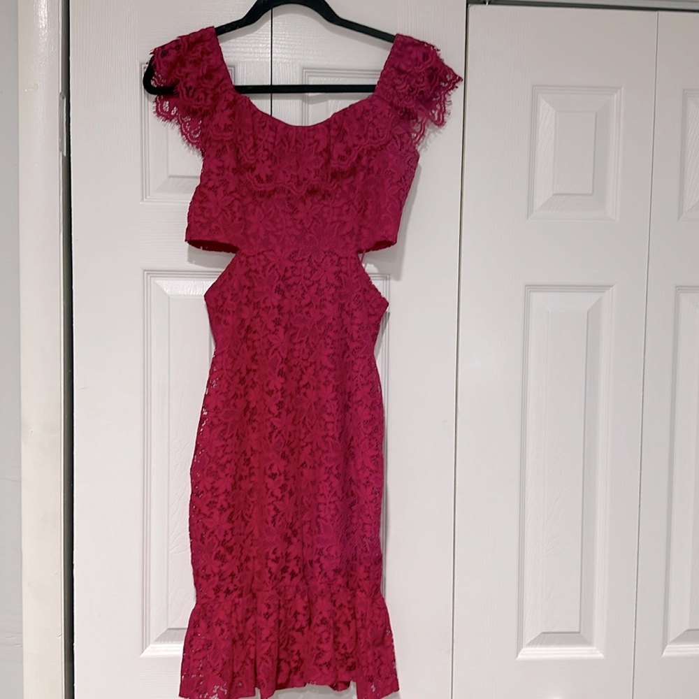 Express Lace Ruffle Overlay Cutout Mini Sheath Dress